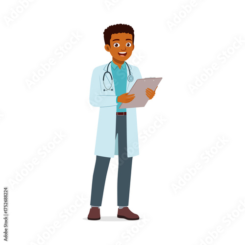 Smiling African American Doctor Holding Medical Chart Wearing White Coat Stethoscope Illustration