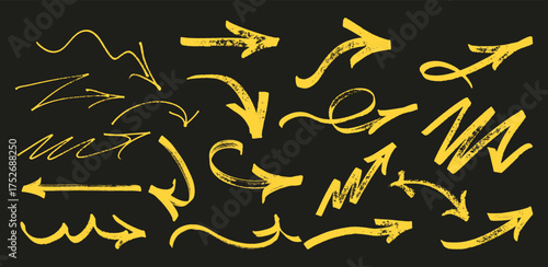 Marker draw yellow arrows set. Rough grunge brush strokes, doodle icons and sketchy highlights, underlines for planners, notes.