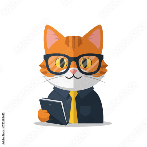 An intelligent cartoon ginger cat dressed as a businessman with glasses and a tie, working on a digital tablet