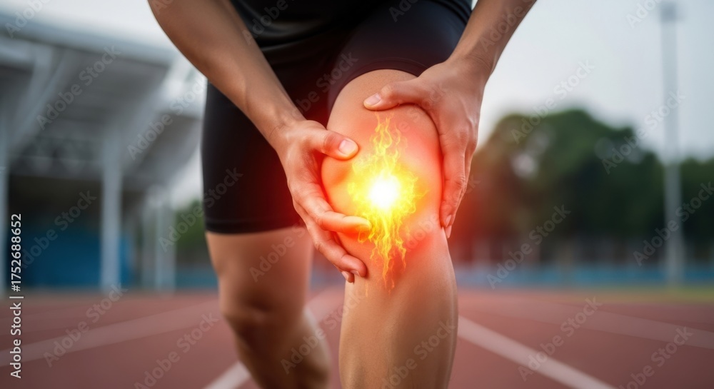 Naklejka premium Athlete's knee pain injury soreness after sports exercise injury hurt