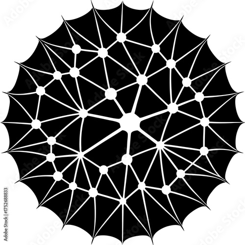 Abstract black silhouette illustration of a complex interconnected neural network structure with glowing nodes and pathways