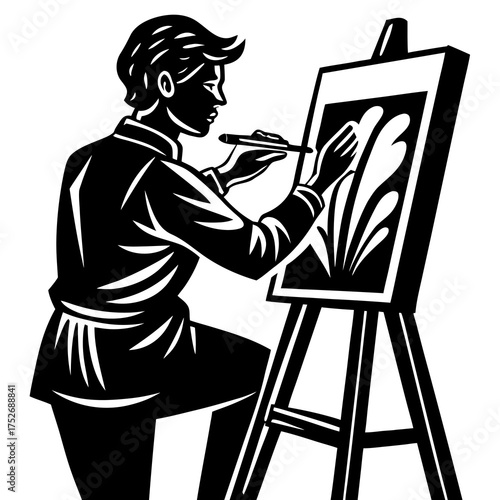 Black silhouette of a person focused on painting on a canvas creative art and hobby concept