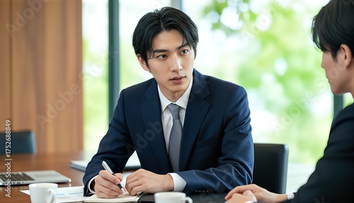 同僚の話を真剣に聞く若いビジネスマン