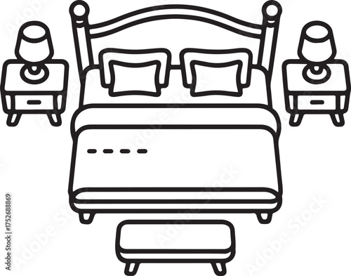 A minimalistic line drawing showcases a bedroom setup, , featuring a bed with pillows, bedside tables with lamps, and a bench, all rendered in a clean, simple style