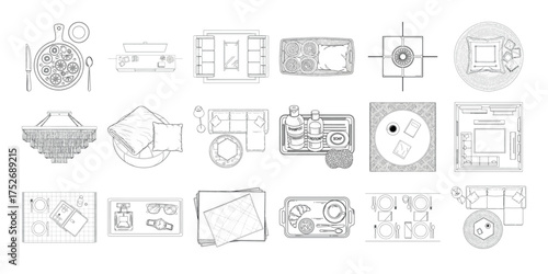 Vector art of assortment of blueprint and architectural drawing elements