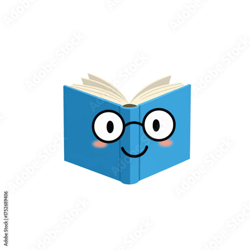 A friendly blue open book character, wearing glasses and displaying a happy face, embodying the accessible concept of learning, education, and the wonderful world of knowledge