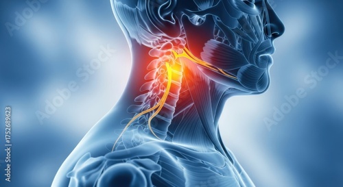 Anatomical human neck with glowing inflammation and pain in the cervical spine region