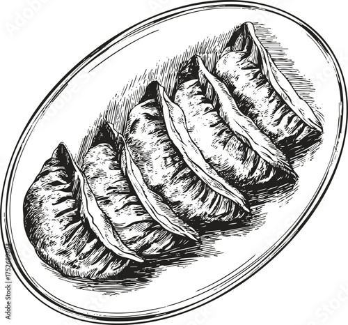 Hand drawn sketch of dumplings served on a plate. Black detailed pen illustration for Asian restaurant branding or food packaging.