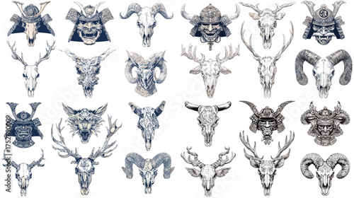 Japanese samurai helmets and animal skulls with intricate horns and masks. Monochrome tattoo illustration inspired by folklore, power, and warrior spirit in detailed line art.