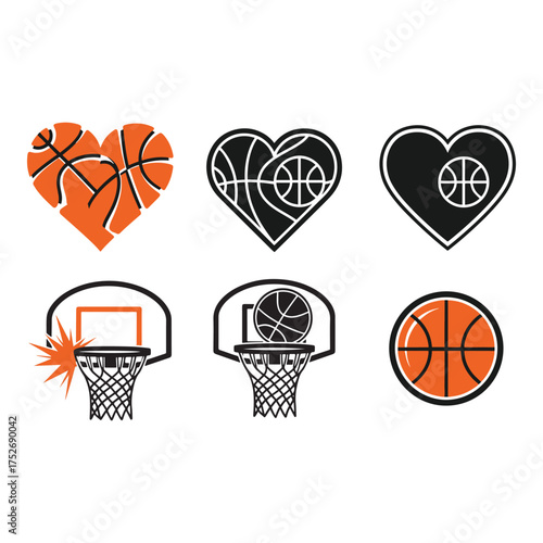 Collection of stylized basketball icons featuring hearts and hoops representing love for the sport