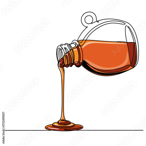 Vector art of a bottle of amber liquid is tilted and pouring a stream of fluid onto a white surface