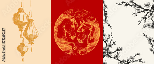 Two elegant horses, Chinese lanterns pencil and floral frame draw by hand in detailed oriental style. Lunar New Year celebration.