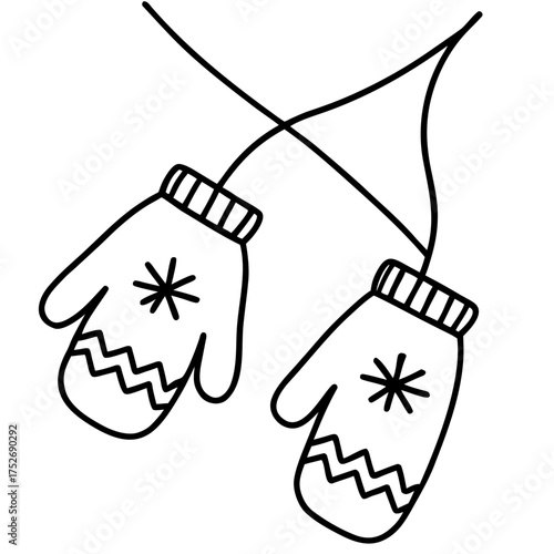 Simple line art of winter mittens hanging on a string