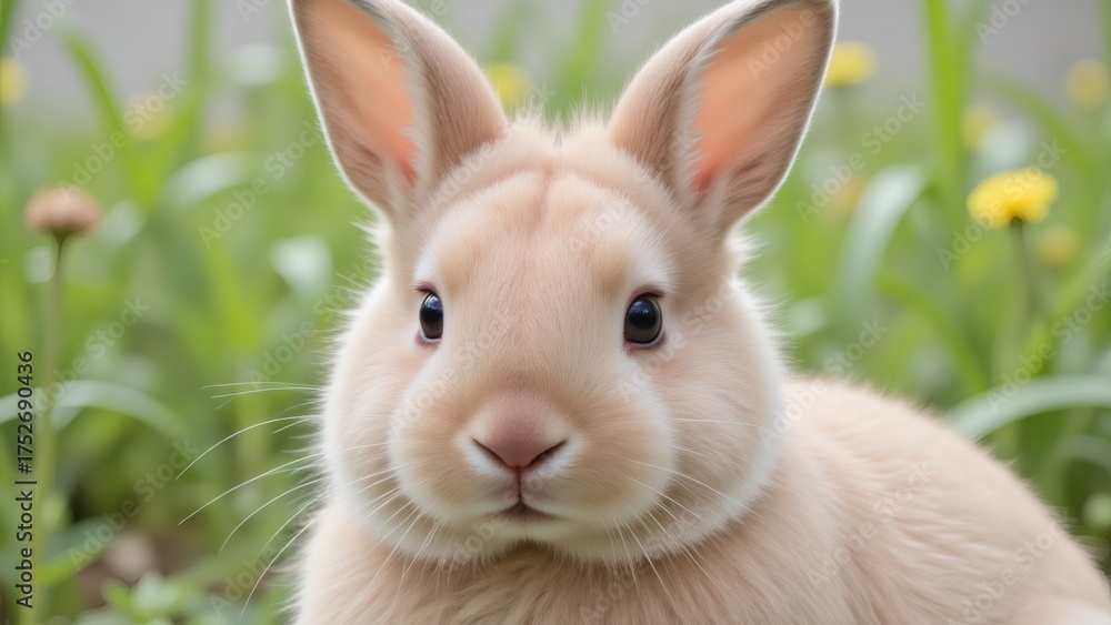Fototapeta premium Cute tan rabbit sits in green grass on a spring day, looking forward.