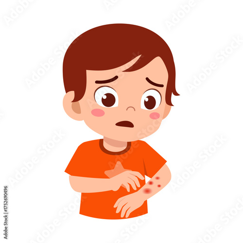 Worried Little Caucasian Boy Looking at The Skin Rash on His Arm Cartoon Illustration