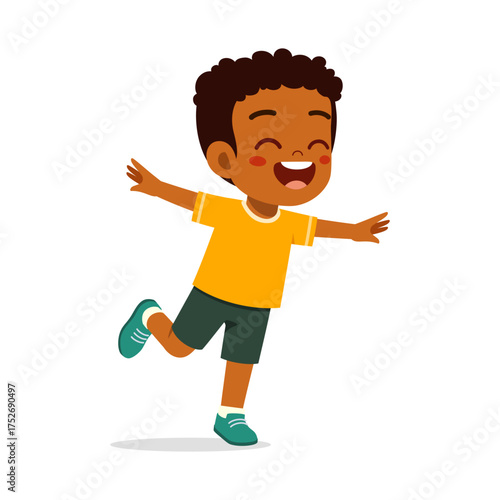 Happy African American Boy Spreading Arms Smiling in Cartoon Illustration Style Isolated