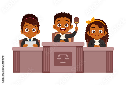 Three African American Children Play Judge in Courtroom with Positive Expressions