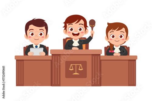 Kids in Courtroom Cartoon Illustration Depicting Fairness and Justice in Law
