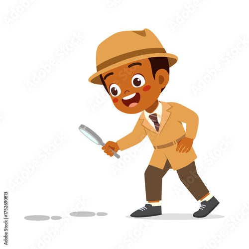 African Detective Boy Investigating Clues with Magnifying Glass Smiling Cartoon Illustration
