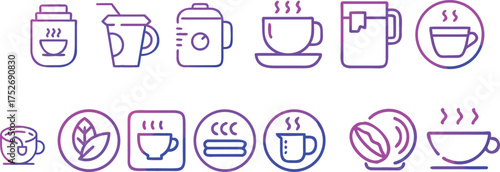 Coffee And Tea vector line icon set. Contains related to drink, tea, bean, breakfast, espresso and more. Minimal linear icons. Tea icon set. Vector artwork and illustration