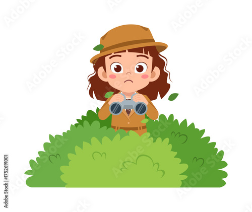 Little Girl with Binoculars Hiding Behind Bush Looking Sad in Cartoon Illustration Style