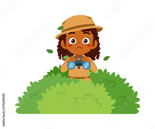 Little African girl in bush looking through binoculars with curious expression illustration