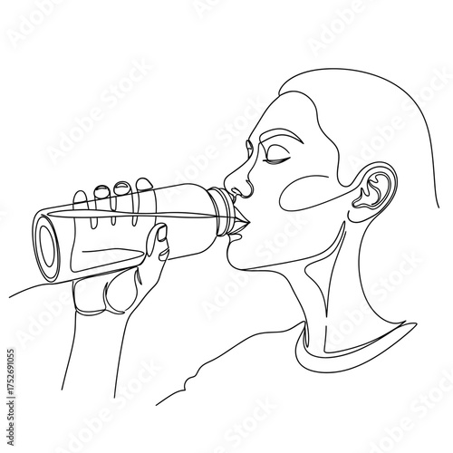 Vector art of a minimalist line art drawing of a person drinking from a clear bottle, illustrating hydration and refreshment during physical activity or a moment of pause