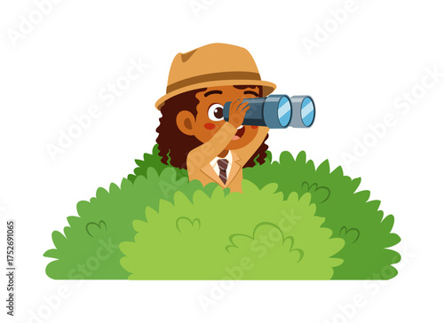 African American Girl Looking Through Binoculars Peeking From Bushes Discovery Exploration