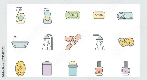Collection of bathroom icons representing various aspects of personal care and hygiene