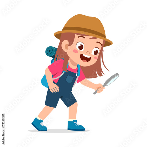 Happy Little Girl Explorer Hiking with Backpack and Magnifying Glass Smiling