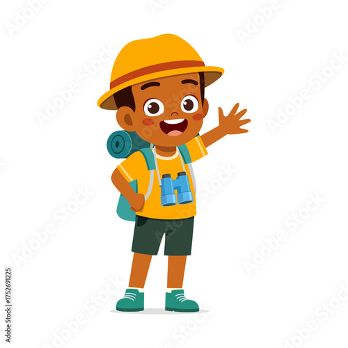 Happy African Boy Scout Waving Hand Wearing Backpack Hat And Binoculars Adventure And Exploration