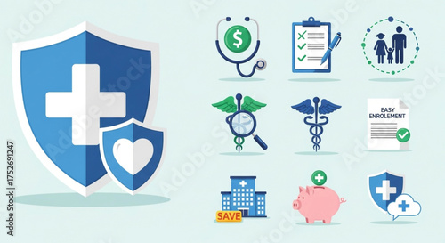 Collection of healthcare icons representing various aspects of health, insurance, and medical services