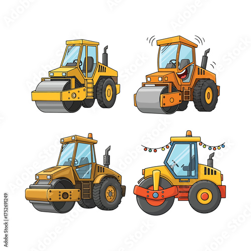 Four different yellow and orange construction road rollers and compactors isolated on a white background