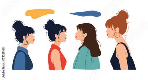 Diverse women facing each other with abstract shapes above.