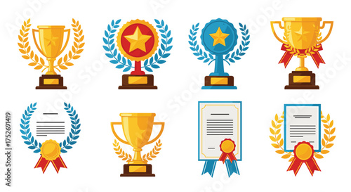 A collection of golden and blue trophies along with certificates and laurel wreaths for achievements and awards.