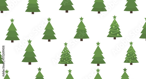 A repeating pattern of festive green Christmas trees adorned with twinkling lights and stars.