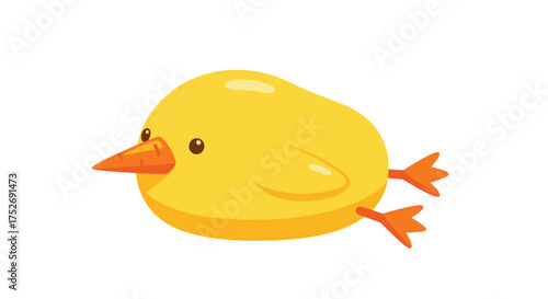 A cute little yellow bird character with orange feet and beak flying across a white background.