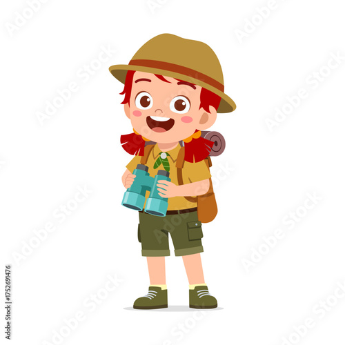 Happy Caucasian Girl Scout Holding Binoculars Wearing Uniform and Hat with Backpack Illustration