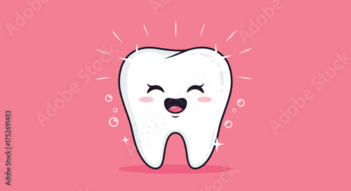 A happy healthy white tooth sparkling with joy and cleanliness on a pink background.