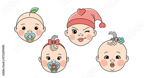 A collection of adorable baby faces with pacifiers and headbands in various expressions.