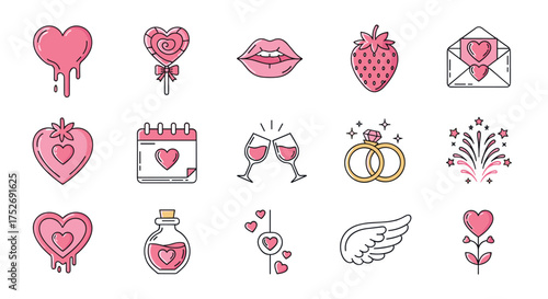 A delightful collection of romantic and love themed icons perfect for celebrations and gifts.