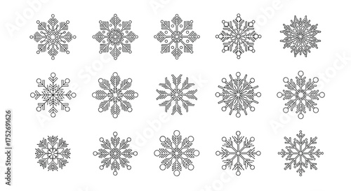 A collection of fifteen unique snowflake designs perfect for winter themed crafts and decorations.