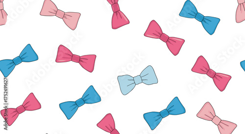 A delightful pattern featuring an assortment of pink and blue bow ties scattered across a white background.