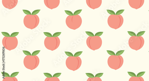 A Repeating Pattern of Fresh Peaches with Green Leaves on a Cream Background.
