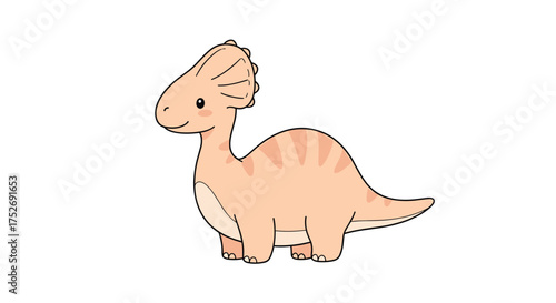 A cute cartoon baby dinosaur with a bony frill and short horns stands on a white background.