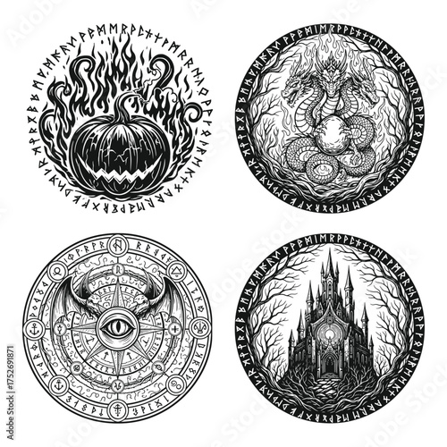 Four circular vintage style illustrations featuring halloween symbols and gothic imagery in black and white
