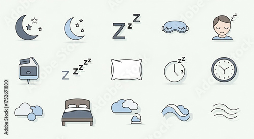 Collection of sleep and bedtime icons moon and stars, zzz symbol, eye mask, sleeping person, bed, pillow, clock, clouds, and wind