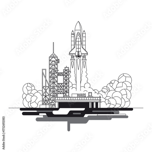 Vector art of detailed line art illustration of a space shuttle launching from a launchpad with smoke and clouds