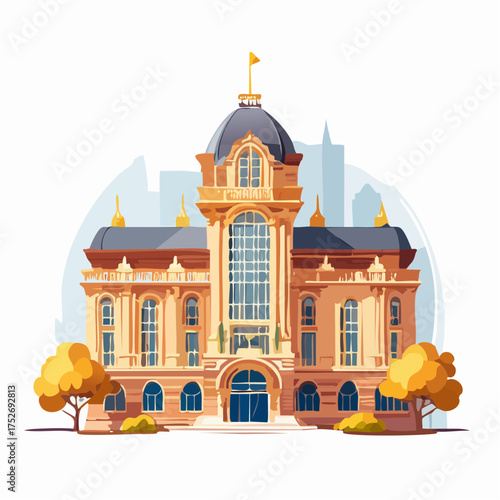 Cartoon illustration of an elaborate building with a golden dome and surrounding trees