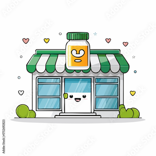 Cartoon pharmacy illustration with smiling building and vitamin bottle